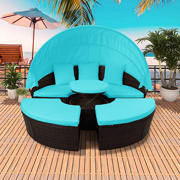 Merax All-Weather Outdoor Sectional Sofa Conversation Set Rattan Daybed Sunbed with Retractable Canopy, Separate Seating and Removable Blue Cushions Brown+blue