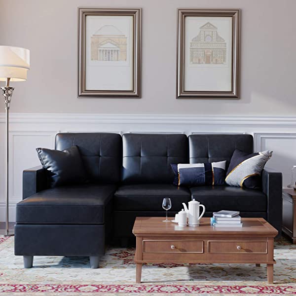 HONBAY Convertible Sectional Sofa Couch, L Shaped Sofa Couch with Faux Leather Sectional for Small Apartment Brown