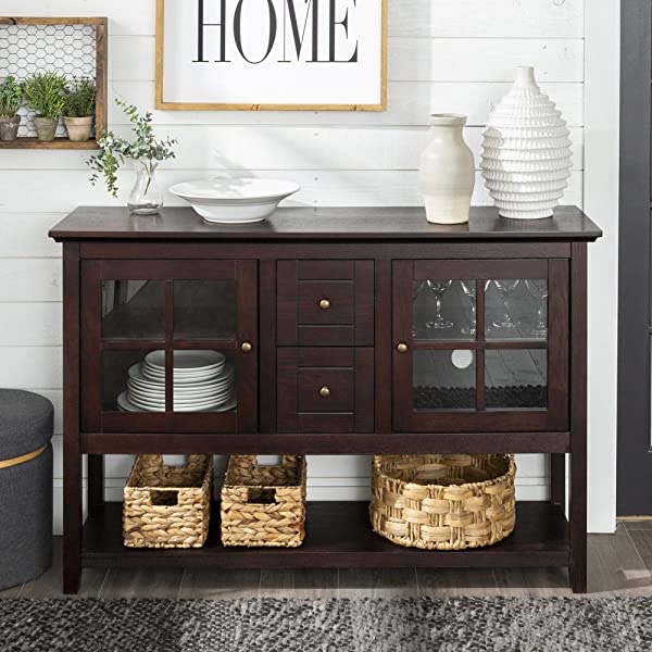 Walker Edison Charlotte Classic Glass Door Storage Buffet, 52 Inch, Espresso Espresso 52 Inch