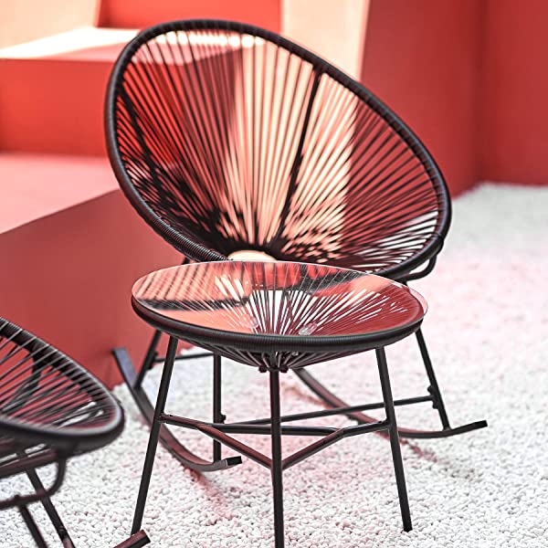 VONLUCE 3 Piece Outdoor Acapulco Bistro Set, Patio Furniture Set with Glass Top Table and 2 Rocking Chairs with Hand-Woven Rope, All Weather 3pc Conversation Set for Balcony and Patio Décor, Black