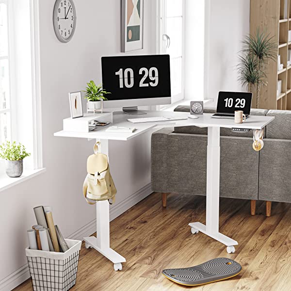 FEZIBO Dual Motor L-Shaped Electric Standing Desk, 48 Inches Height Adjustable Corner Desk, Full Sit Stand Home Office Table with Splice Board, Black Frame/Rustic Brown Top