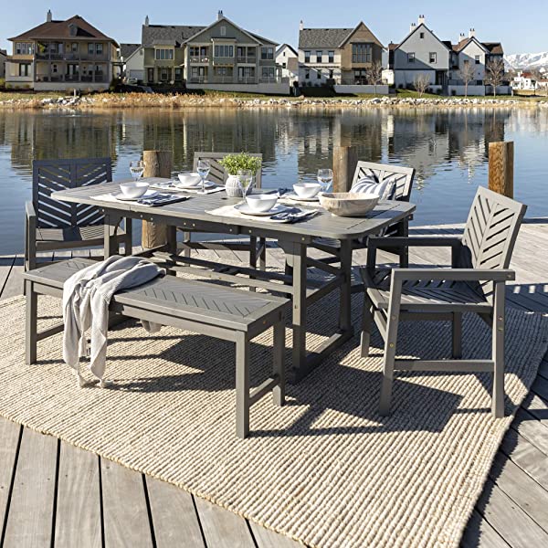 Walker Edison 5 Person Outdoor Wood Chevron Patio Furniture Dining Set Table Chairs Bench All Weather Backyard Conversation Garden Poolside Balcony, 4 Piece, Brown Brown 4 Piece Dining Set
