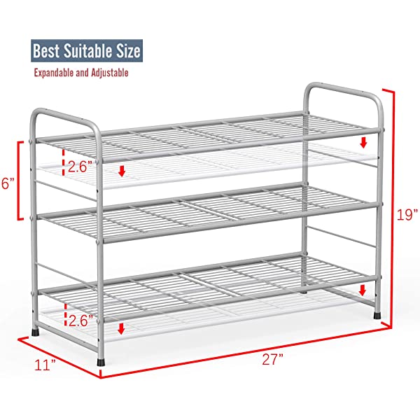 AULEDIO 3-Tier Shoe Rack, Stackable and Adjustable Multi-Function Wire Grid Shoe Organizer Storage, Extra Large Capacity, Space Saving, Fits Boots, High Heels, Slippers and More (Bronze) 3-Tier Bronze