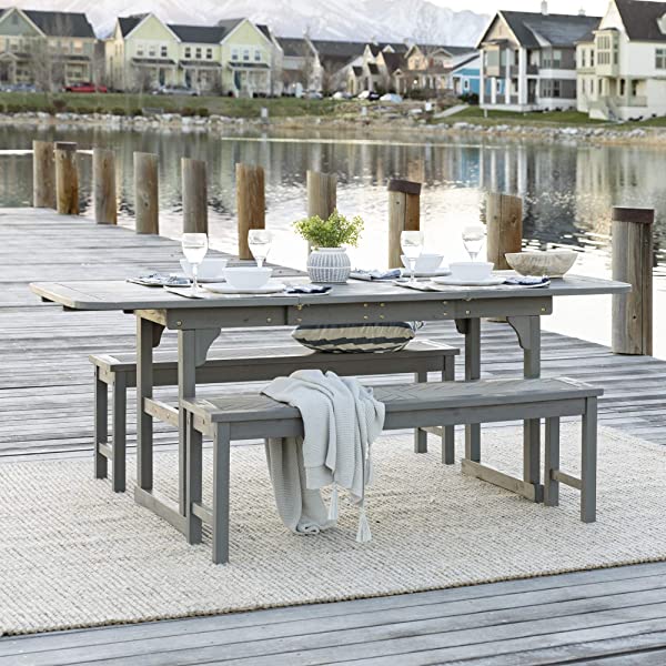 Walker Edison 5 Person Outdoor Wood Chevron Patio Furniture Dining Set Table Chairs Bench All Weather Backyard Conversation Garden Poolside Balcony, 4 Piece, Brown Brown 4 Piece Dining Set