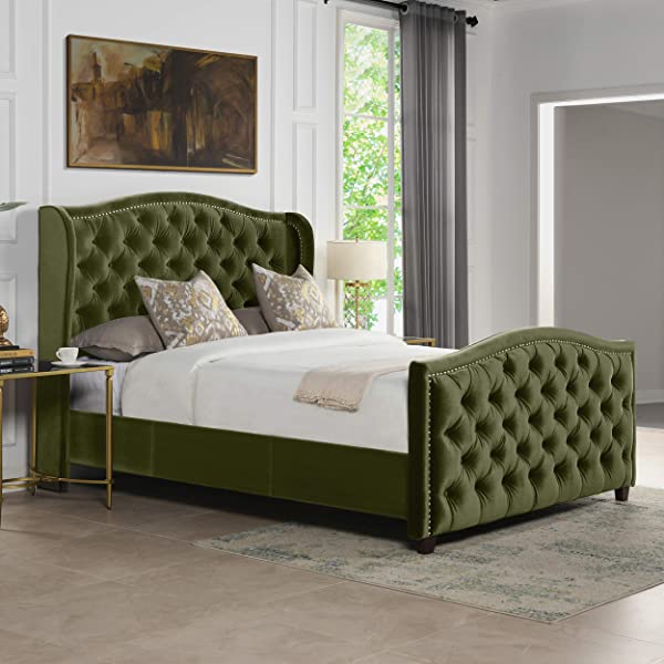 Jennifer Taylor Home Marcella Collection Queen Wingback Tufted Hand-Applied Nail Heads Upholstered Bed, Antique White Antique White Queen