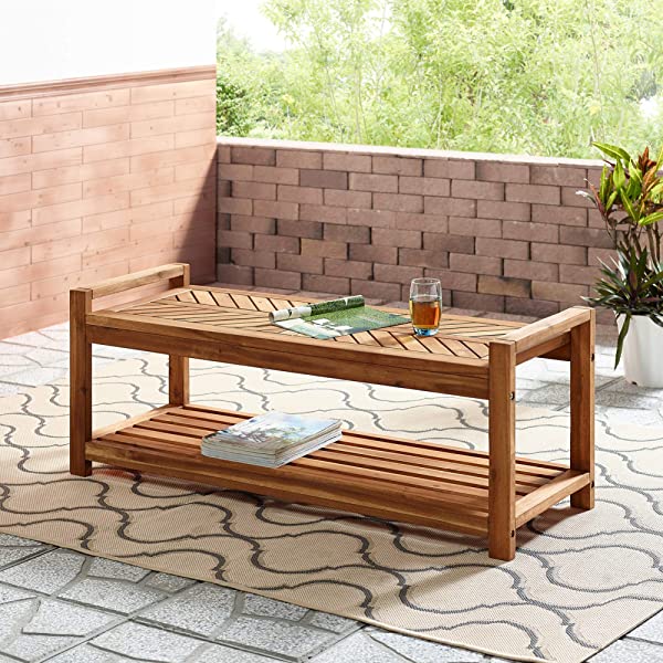 Walker Edison 5 Person Outdoor Wood Chevron Patio Furniture Dining Set Table Chairs Bench All Weather Backyard Conversation Garden Poolside Balcony, 4 Piece, Brown Brown 4 Piece Dining Set