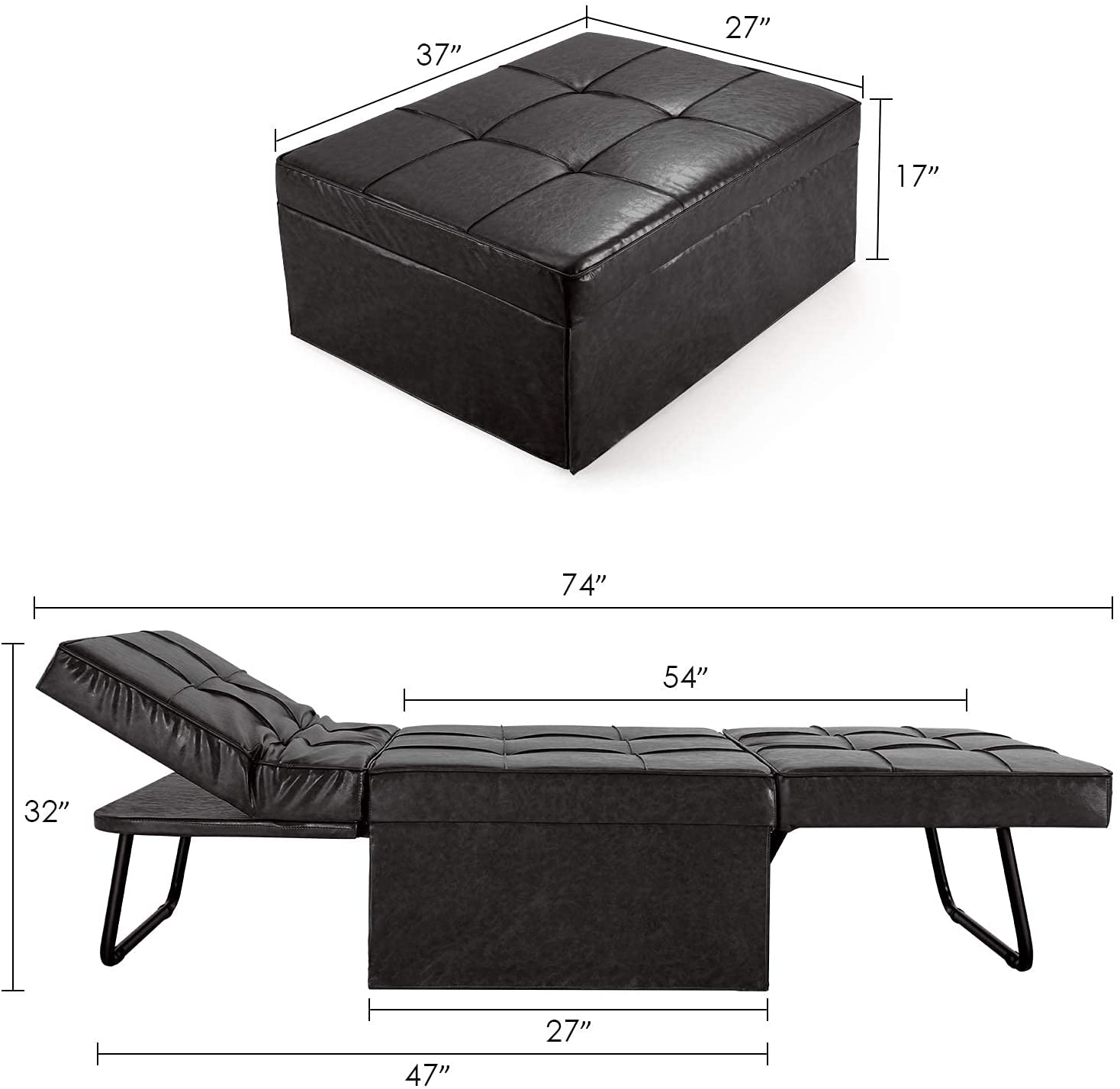 Vonanda Leather Ottoman Sofa Bed, Small Modern Couch Multi-Position Convertible Comfortable and Durable Leather Couch Lounger Guest Bed with Pillow for Small