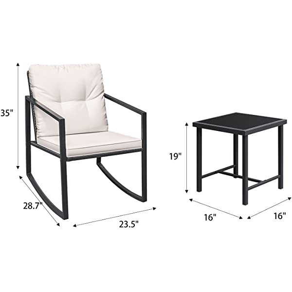 Greesum 3 Pieces Rocking Wicker Bistro Set, Patio Outdoor Furniture Conversation Sets with Porch Chairs and Glass Coffee Table, Beige