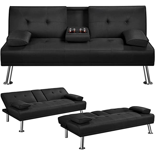 YAHEETECH Linen Fabric Modern Sofa Bed Sectional Couch Bed Folding Recliner Sleeper Reversible Loveseat Convertible Daybed, 2 Cup Holders, 3 Angles, 772lb Capacity, Removable Armrests, Dark Gray