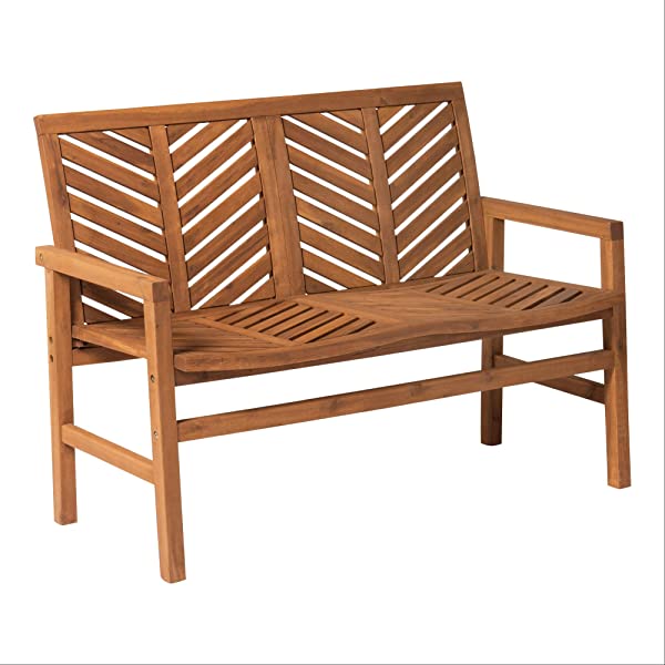 Walker Edison 5 Person Outdoor Wood Chevron Patio Furniture Dining Set Table Chairs Bench All Weather Backyard Conversation Garden Poolside Balcony, 4 Piece, Brown Brown 4 Piece Dining Set