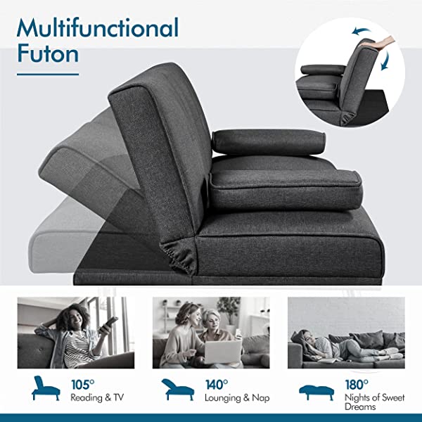 YAHEETECH Linen Fabric Modern Sofa Bed Sectional Couch Bed Folding Recliner Sleeper Reversible Loveseat Convertible Daybed, 2 Cup Holders, 3 Angles, 772lb Capacity, Removable Armrests, Dark Gray