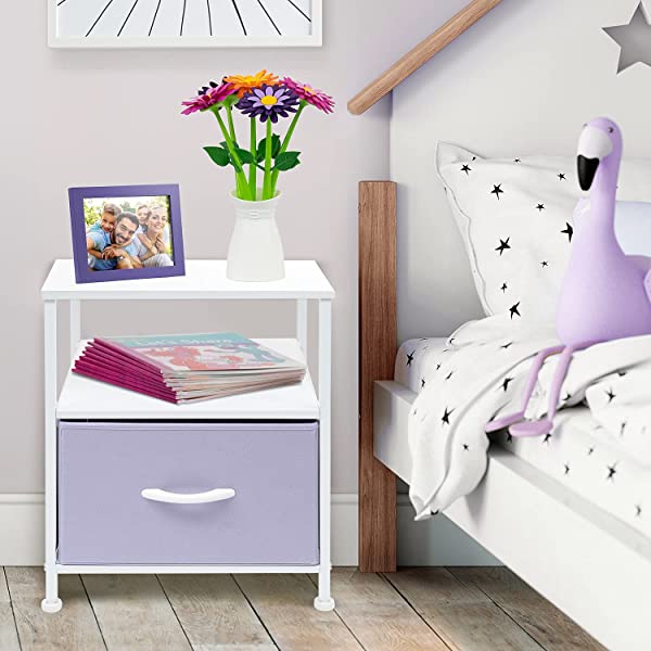 Sorbus Nightstand 1-Drawer Shelf Storage- Bedside Furniture & Accent End Table Chest for Home, Bedroom, Office, College Dorm, Steel Frame, Wood Top, Easy Pull Fabric Bins (Rustic Wood)