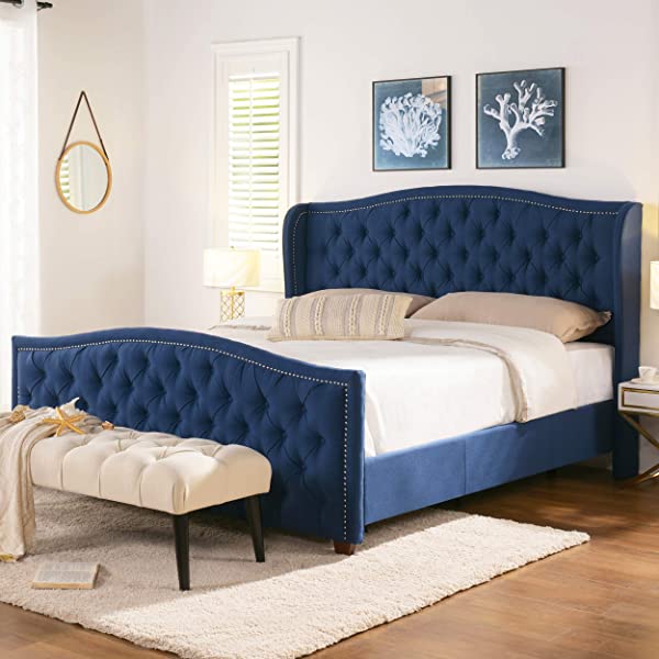 Jennifer Taylor Home Marcella Collection Queen Wingback Tufted Hand-Applied Nail Heads Upholstered Bed, Antique White Antique White Queen