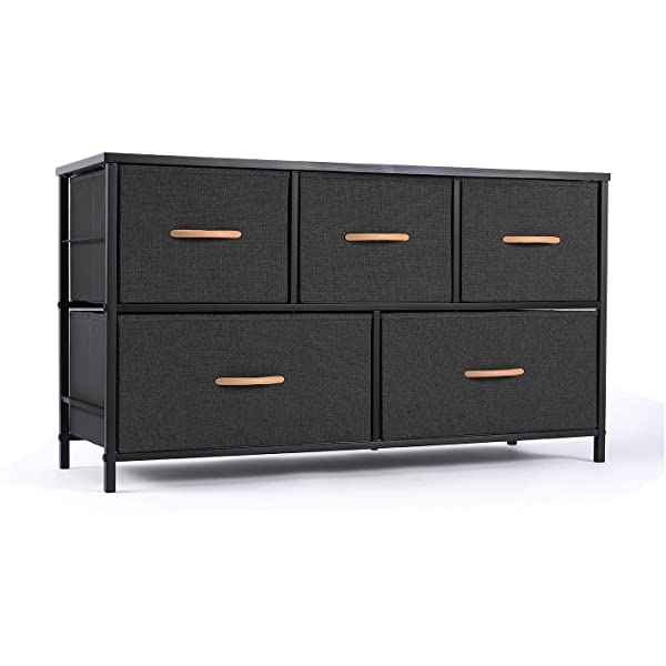 ROMOON Dresser Organizer with 5 Drawers, Fabric Storage Drawer Unit, Dresser Tower for Bedroom, Hallway, Entryway, Closets, Nursery - Wide Espresso