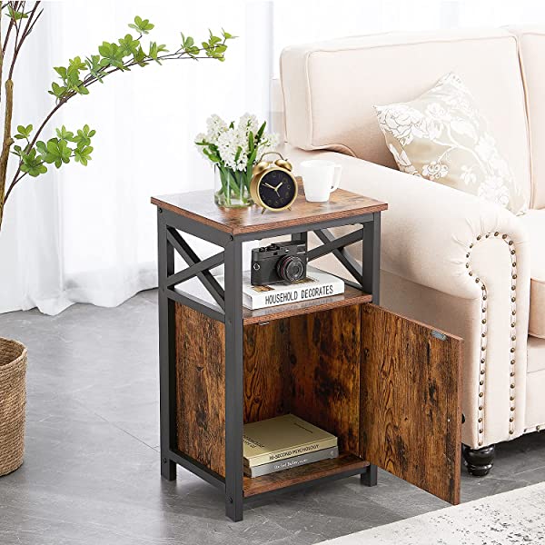 VECELO Modern Versatile Nightstands X-Design Side End Table Night Stand Storage Shelf with Bin Drawer for Living Room Bedroom, Brown+Black Brown+black Modern