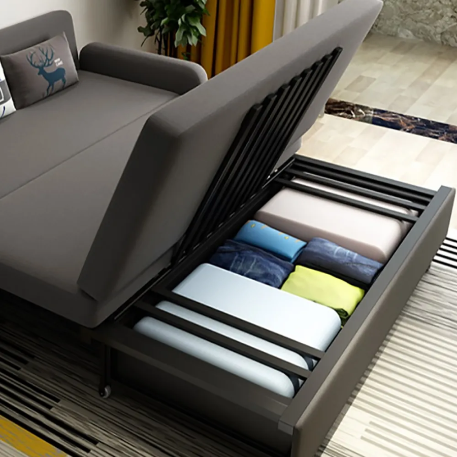 MODERN DEEP GRAY CONVERTIBLE SOFA BED FULL SLEEPER WITH STORAGE COTTON & LINEN UPHOLSTER