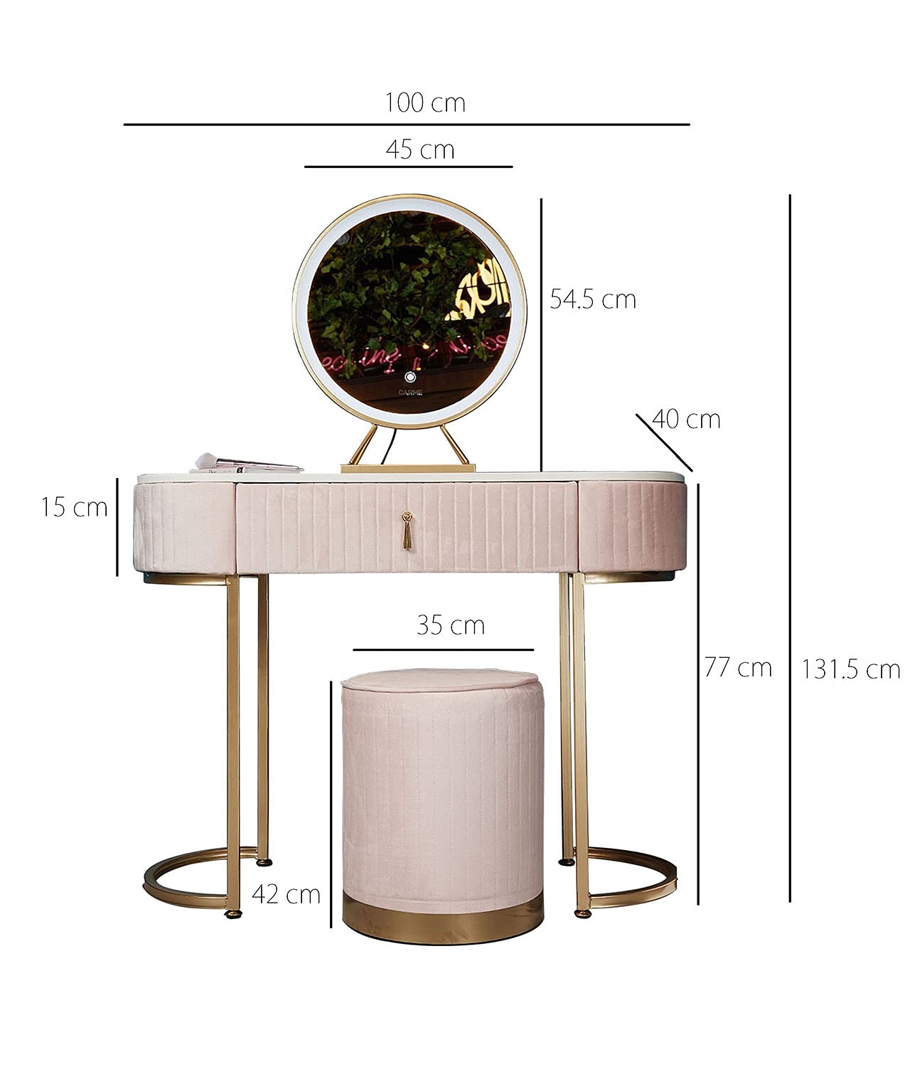 【Furniture】Velvet Dressing Table with LED Light Mirror Touch Sensor 1 Drawer Stool Set Bedroom Modern Dresser