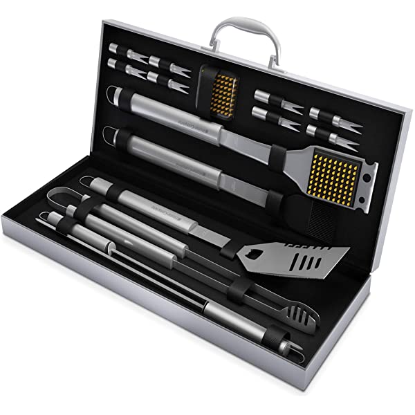 Home-Complete HC-1000 BBQ Accessories – 16PC Grill Set with Spatula, Tongs, Skewers, Case – Barbecue Tools for Father’s Day, Wedding, Anniversary, 16 Piece, Silver Steel 16-Piece