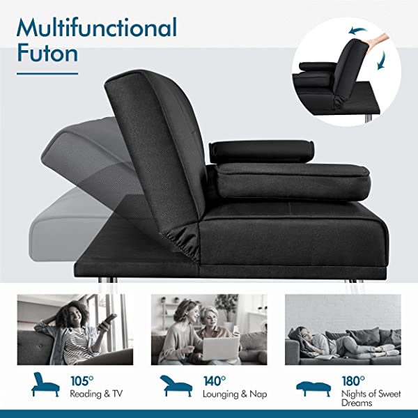 YAHEETECH Linen Fabric Modern Sofa Bed Sectional Couch Bed Folding Recliner Sleeper Reversible Loveseat Convertible Daybed, 2 Cup Holders, 3 Angles, 772lb Capacity, Removable Armrests, Dark Gray