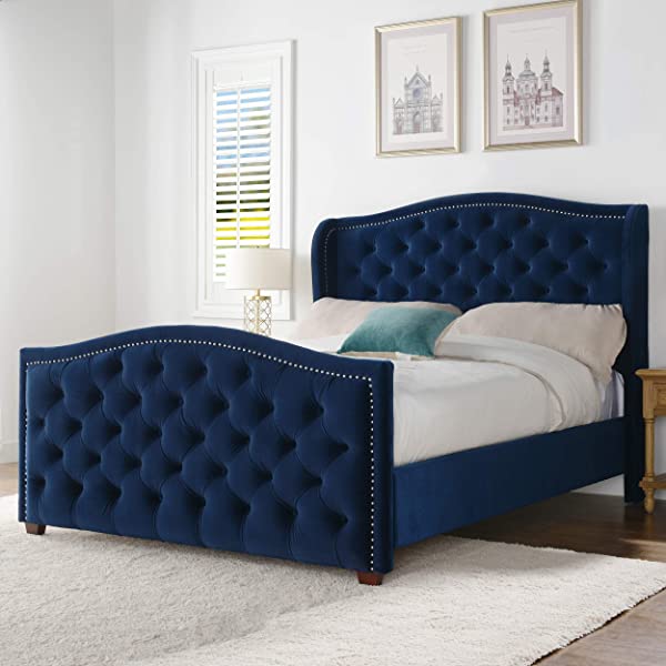 Jennifer Taylor Home Marcella Collection Queen Wingback Tufted Hand-Applied Nail Heads Upholstered Bed, Antique White Antique White Queen
