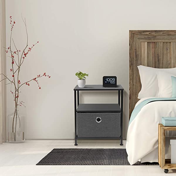 Sorbus Nightstand 1-Drawer Shelf Storage- Bedside Furniture & Accent End Table Chest for Home, Bedroom, Office, College Dorm, Steel Frame, Wood Top, Easy Pull Fabric Bins (Rustic Wood)