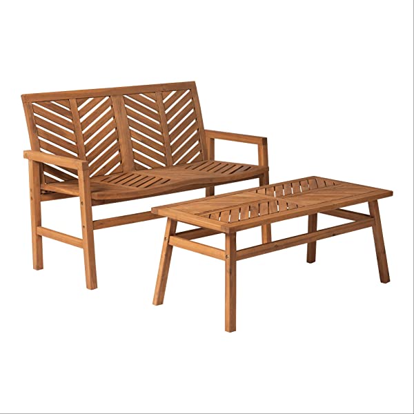 Walker Edison 5 Person Outdoor Wood Chevron Patio Furniture Dining Set Table Chairs Bench All Weather Backyard Conversation Garden Poolside Balcony, 4 Piece, Brown Brown 4 Piece Dining Set
