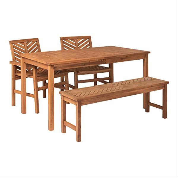 Walker Edison 5 Person Outdoor Wood Chevron Patio Furniture Dining Set Table Chairs Bench All Weather Backyard Conversation Garden Poolside Balcony, 4 Piece, Brown Brown 4 Piece Dining Set