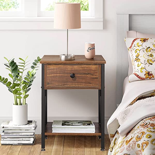 VECELO Modern Versatile Nightstands X-Design Side End Table Night Stand Storage Shelf with Bin Drawer for Living Room Bedroom, Brown+Black Brown+black Modern