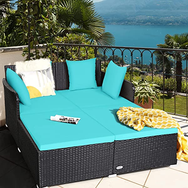 Salches Outdoor Rattan Daybed, Patio Loveseat Sofa Set w/Comfortable Cushions, Extra Pillows & Metal Foot, Sunbed Wicker Furniture for Yard/Poolside/Living Room/Garden/Porch (Red)