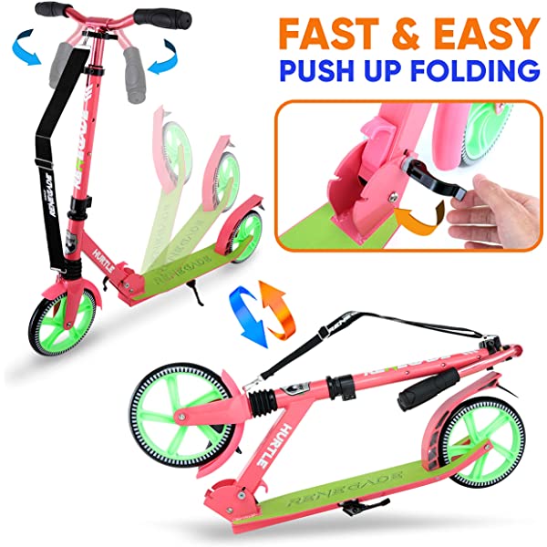 Hurtle Scooter – Scooter for Teenager – Kick Scooter – 2 Wheel Scooter with Adjustable T-Bar Handlebar – Folding Adult Kick Scooter with Alloy Anti-Slip Deck Pink
