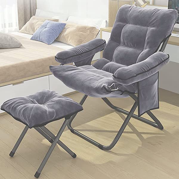 VOJUEAR Modern Accent Fabric Lazy Chair with Ottoman, Upholstered Lounge Reclining Armchair with Side Pocket for Adults or Kids,Upholstered Lounge Leisure Armrest Sofa Chair (CharcoalGrey)