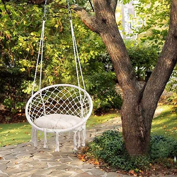 HBlife Hammock Chair, Hanging Swing with Macrame and Cushion, Max 330 Lbs, Beige Hanging Cotton Rope Chair for Indoor, Outdoor, Bedroom, Patio, Yard, Deck, Garden, Porch