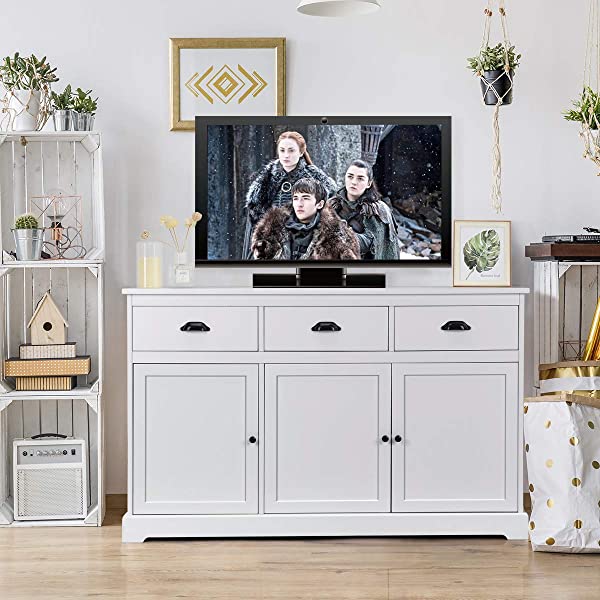 Giantex Sideboard Buffet Server Storage Cabinet Console Table Home Kitchen Dining Room Furniture Entryway Cupboard with 2 Cabinets and 3 Drawers Adjustable Shelves, White (White)
