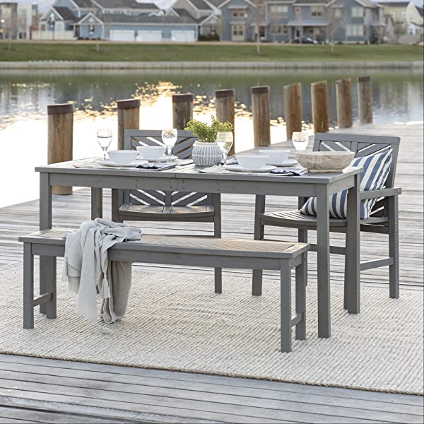 Walker Edison 5 Person Outdoor Wood Chevron Patio Furniture Dining Set Table Chairs Bench All Weather Backyard Conversation Garden Poolside Balcony, 4 Piece, Brown Brown 4 Piece Dining Set