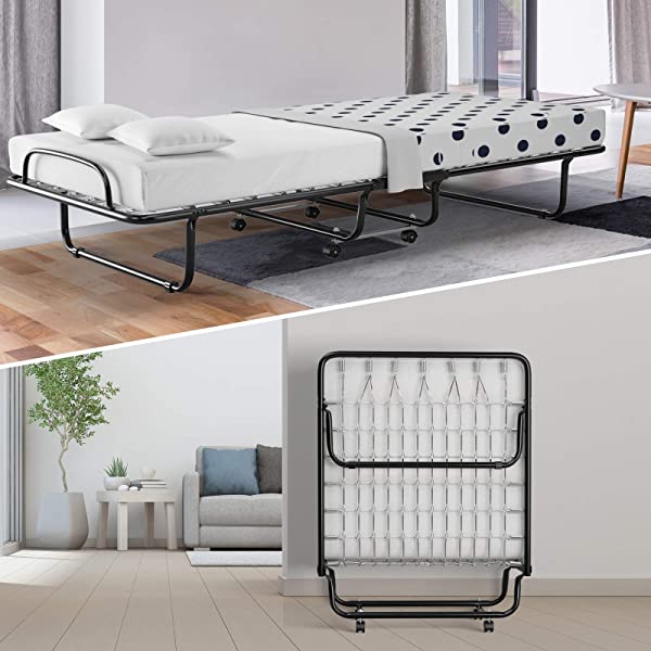 Giantex Rollaway Folding Bed with 4 Inch Mattress, Portable Foldable Guest Bed for Adults, Sturdy Metal Frame, Memory Foam Mattress, Folding Bed Cot Size (Beige & Black) Wood