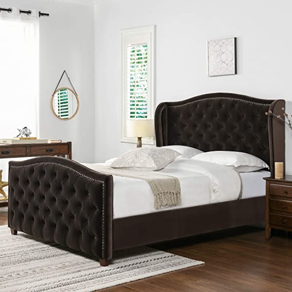 Jennifer Taylor Home Marcella Collection Queen Wingback Tufted Hand-Applied Nail Heads Upholstered Bed, Antique White Antique White Queen