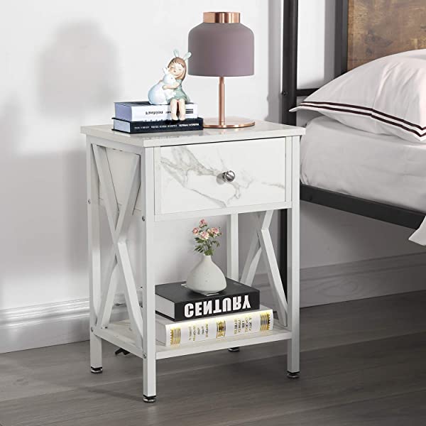 VECELO Modern Versatile Nightstands X-Design Side End Table Night Stand Storage Shelf with Bin Drawer for Living Room Bedroom, Brown+Black Brown+black Modern