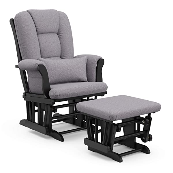 Storkcraft Tuscany Custom Glider and Ottoman with Free Lumbar Pillow, Black/Grey, Cleanable Upholstered Comfort Rocking Nursery Chair with Ottoman Black/Gray