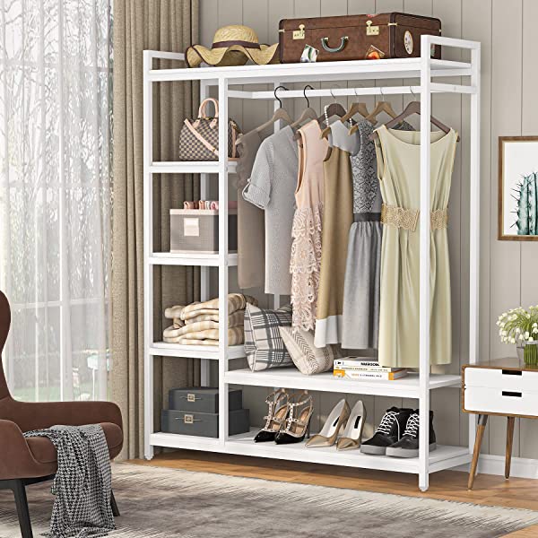 LITTLE TREE Free-Standing Closet Organizer, Heavy Duty Clothes Closet, Portable Garment Rack with 6 Shelves and Hanging Rod, Black Metal Frame&Rustic Board Finish Vingte &Black