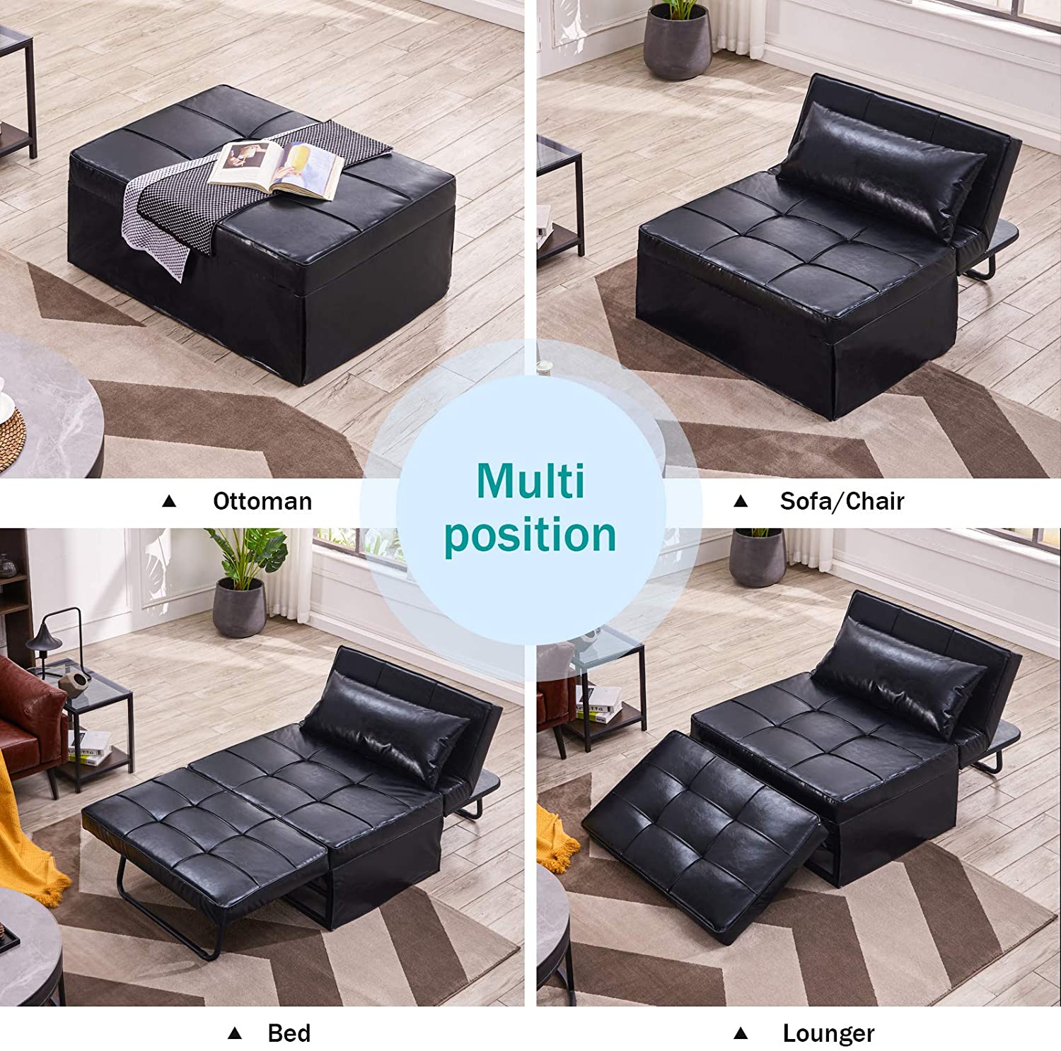 Vonanda Leather Ottoman Sofa Bed, Small Modern Couch Multi-Position Convertible Comfortable and Durable Leather Couch Lounger Guest Bed with Pillow for Small