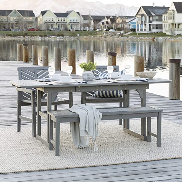 Walker Edison 5 Person Outdoor Wood Chevron Patio Furniture Dining Set Table Chairs Bench All Weather Backyard Conversation Garden Poolside Balcony, 4 Piece, Brown Brown 4 Piece Dining Set