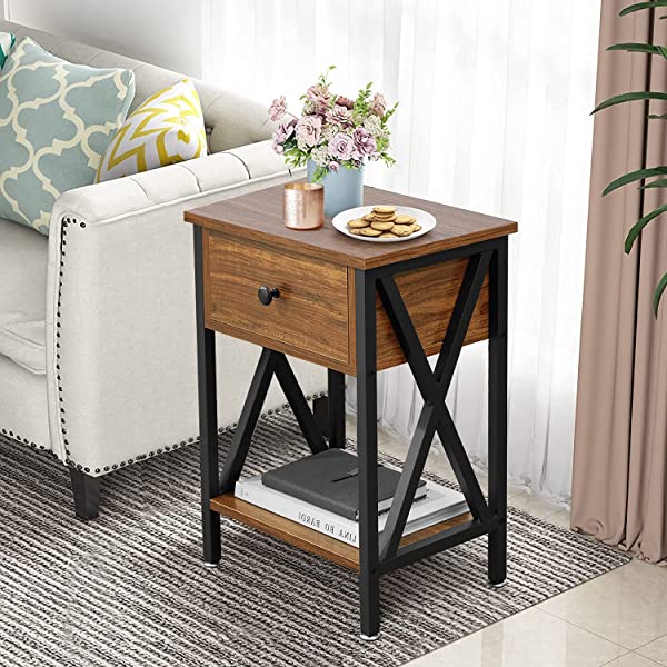 VECELO Modern Versatile Nightstands X-Design Side End Table Night Stand Storage Shelf with Bin Drawer for Living Room Bedroom, Brown+Black Brown+black Modern