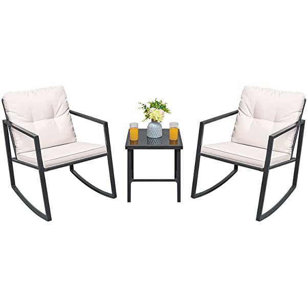 Greesum 3 Pieces Rocking Wicker Bistro Set, Patio Outdoor Furniture Conversation Sets with Porch Chairs and Glass Coffee Table, Beige