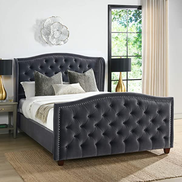 Jennifer Taylor Home Marcella Collection Queen Wingback Tufted Hand-Applied Nail Heads Upholstered Bed, Antique White Antique White Queen