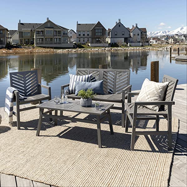 Walker Edison 5 Person Outdoor Wood Chevron Patio Furniture Dining Set Table Chairs Bench All Weather Backyard Conversation Garden Poolside Balcony, 4 Piece, Brown Brown 4 Piece Dining Set