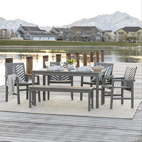 Walker Edison 5 Person Outdoor Wood Chevron Patio Furniture Dining Set Table Chairs Bench All Weather Backyard Conversation Garden Poolside Balcony, 4 Piece, Brown Brown 4 Piece Dining Set