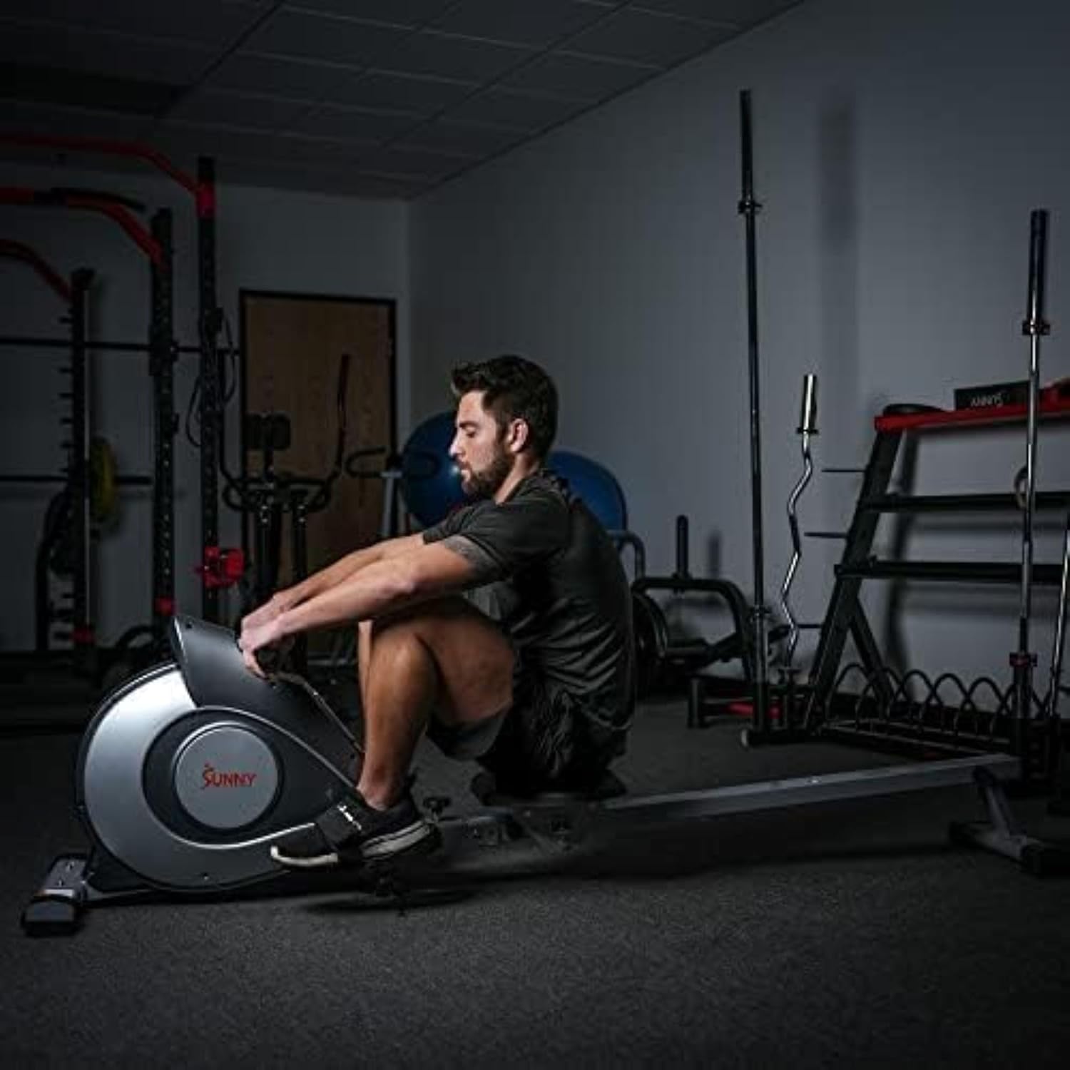 Sunny Health and Fitness Magnetic Rowing Machine, Folding Rower with LCD Monitor and Extra Long Slide Rail, 8 Level Resistance, Transport Wheels, Full Body Workout Equipment For Home, SF-RW5515, Gray