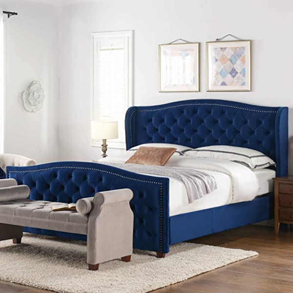 Jennifer Taylor Home Marcella Collection Queen Wingback Tufted Hand-Applied Nail Heads Upholstered Bed, Antique White Antique White Queen
