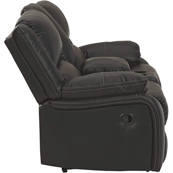 Signature Design by Ashley - Calderwell Contemporary Faux Leather Double Reclining Loveseat w/ Console - Adjustable - Gray Manual Loveseat Grey