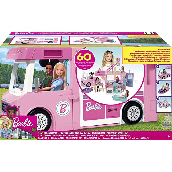 Barbie 3-in-1 DreamCamper Vehicle, approx. 3-ft, Transforming Camper with Pool, Truck, Boat and 50 Accessories, Makes a Great Gift for 3 to 7 Year Olds